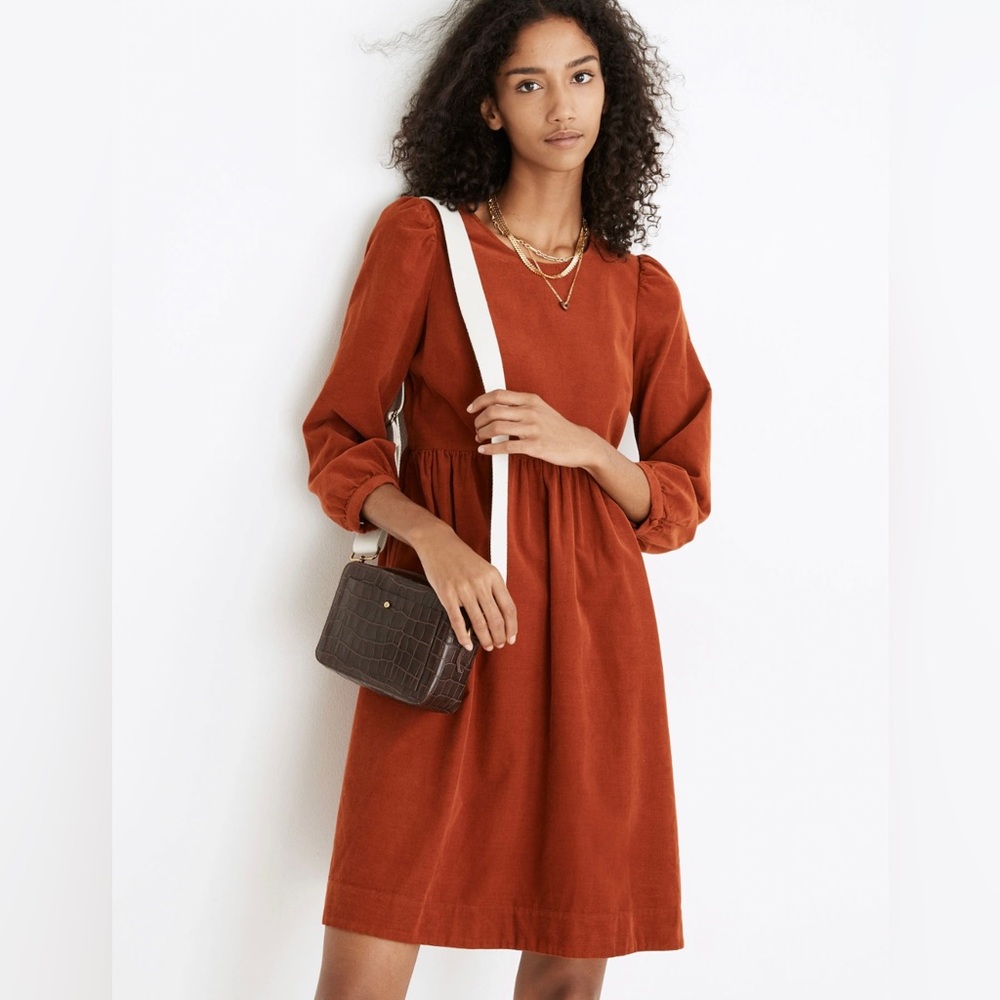 Madewell // Corduroy Puff-Sleeve Mini Dress in Faded Rust